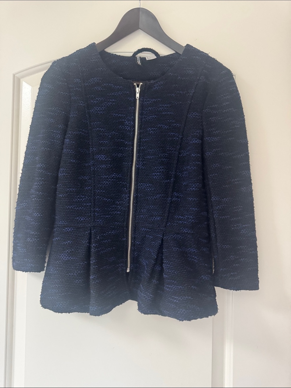 H&M Navy Textured Zip-Front Peplum Blazer